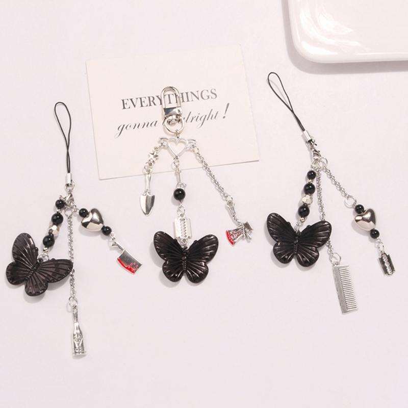Trendy Phone Lanyard Gothic Style Butterfly Heart Keychain Pendant Durable Phone Strap Portable Phone Accessory for Keys