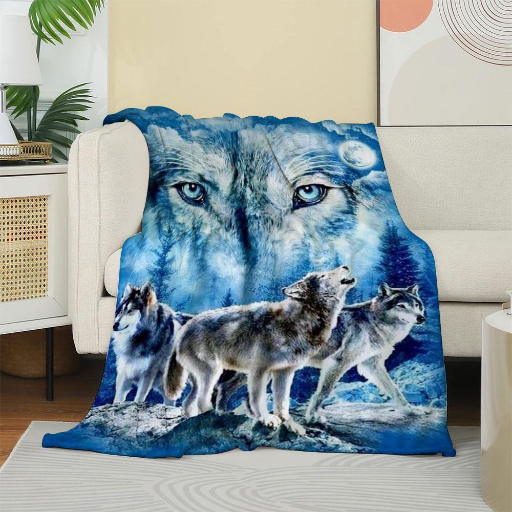 Wolf Pack Blanket with Moon and Forest Design Blue Eyes Wolf Art Soft Fleece Throw Perfect for Nature Lover Home Decor