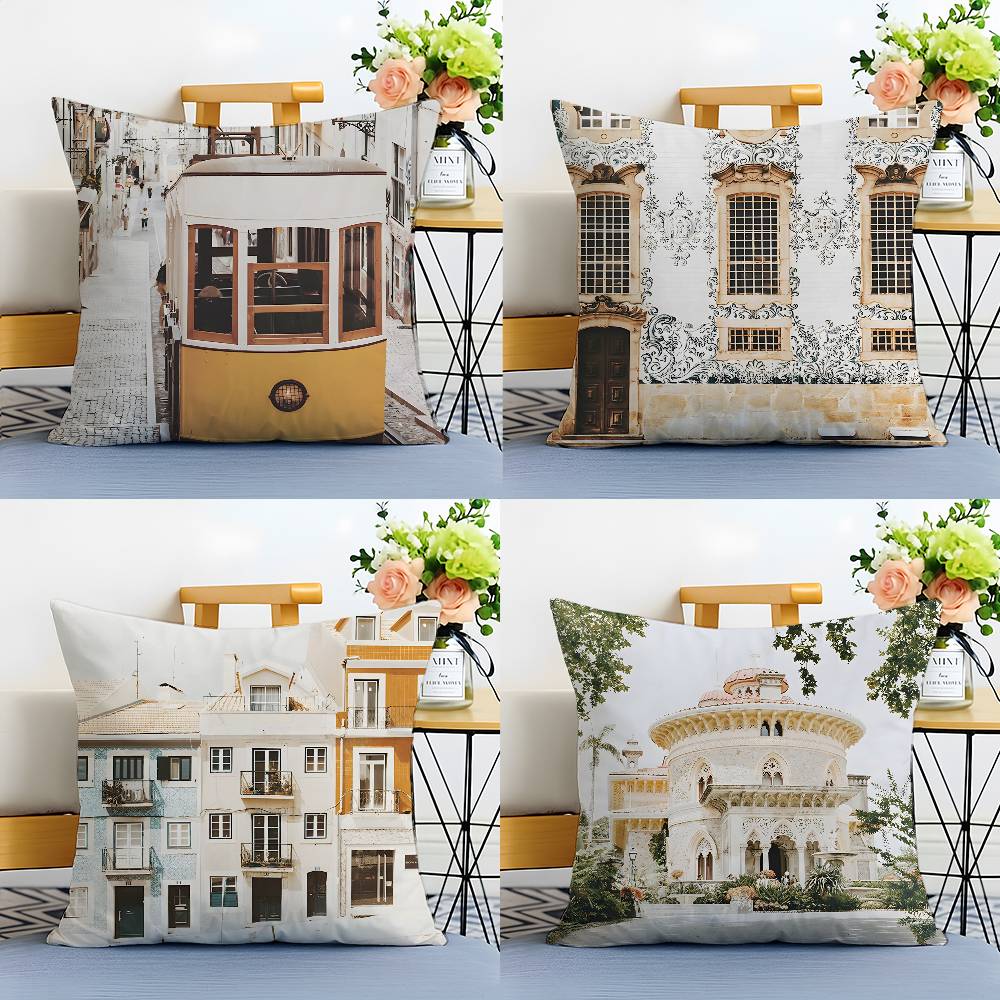 Spanish Beach Island Architecture Art Pillow Case Anti-dustmite Pillowcase Invisible zipper silky short plush Sofa cushion cover