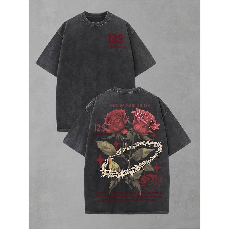 Washed-2 Corinthians 12:9 Roses And Thorns Washed T-Shirt, Vintage Street Style Double-Sided Printed Pattern T-Shirt, Men'S T-Shirt