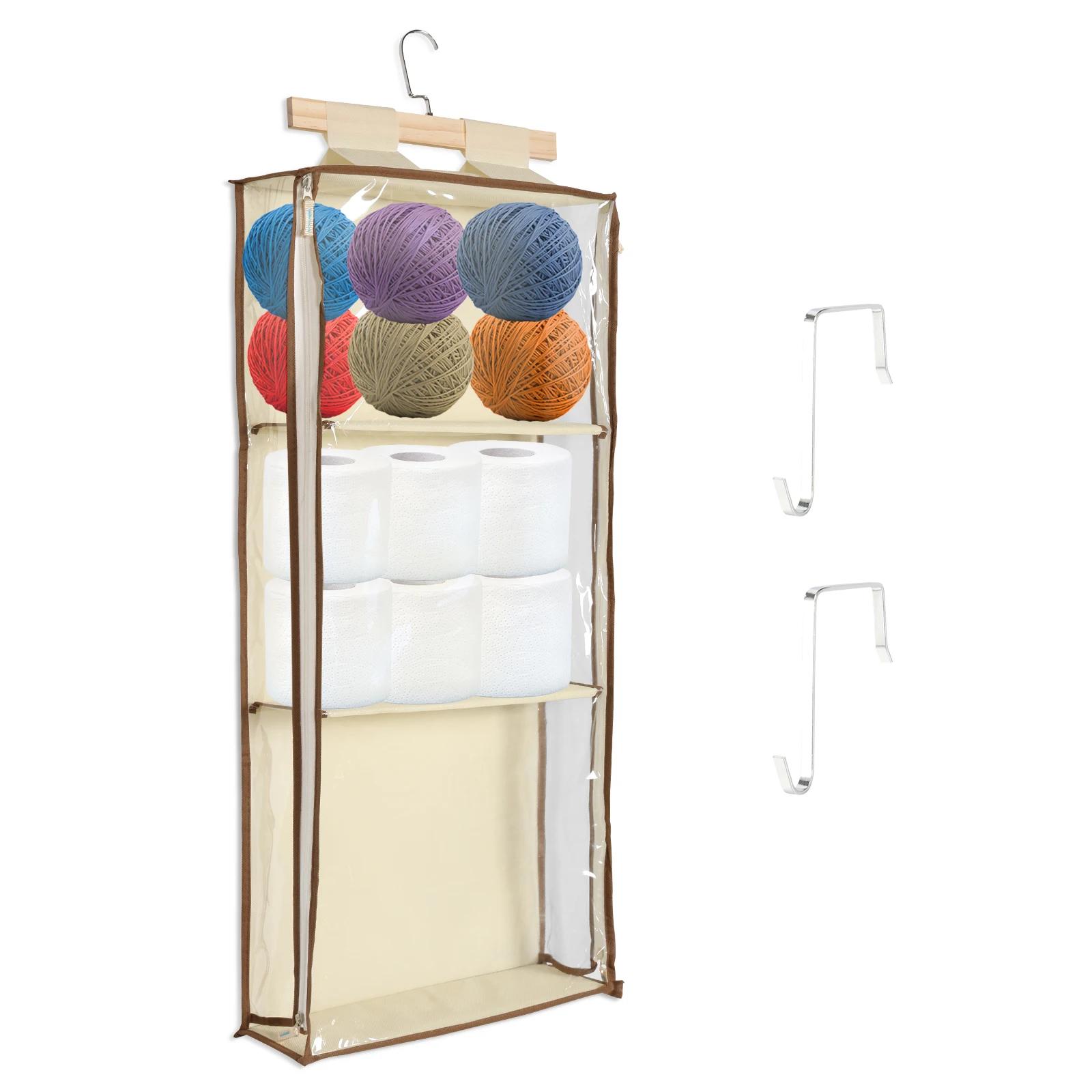 Door Wall Hanging Storage Bag with Hooks 3 Compartment Hanging Yarn Storage Dustproof Clear Knitting Organizer Storage Organizer бежевый