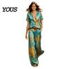 Small Town Style 2 Piece Sets for Women, Casual Button Down Short Sleeve Shirt Retro Vacation And Wide Leg Pants Matching Sets, Summer Printed