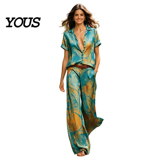 Small Town Style 2 Piece Sets for Women, Casual Button Down Short Sleeve Shirt Retro Vacation And Wide Leg Pants Matching Sets, Summer Printed