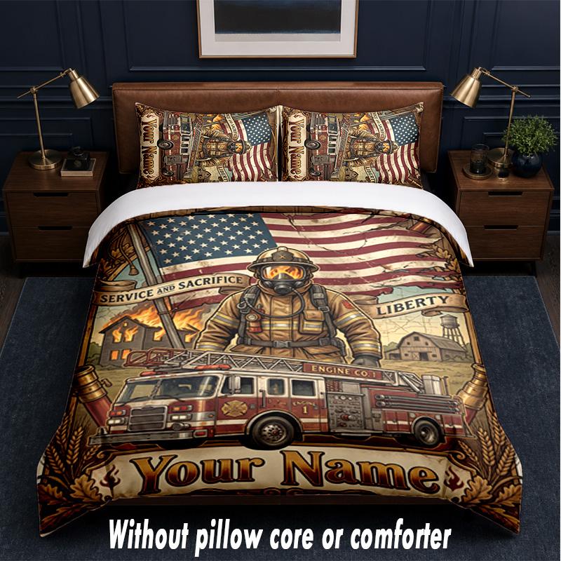 Fire Truck Theme Custom Text Or Name 3Pcs Bedding Set,1 Flat Sheet & 2 Pillowcases Personalized Home Bedding