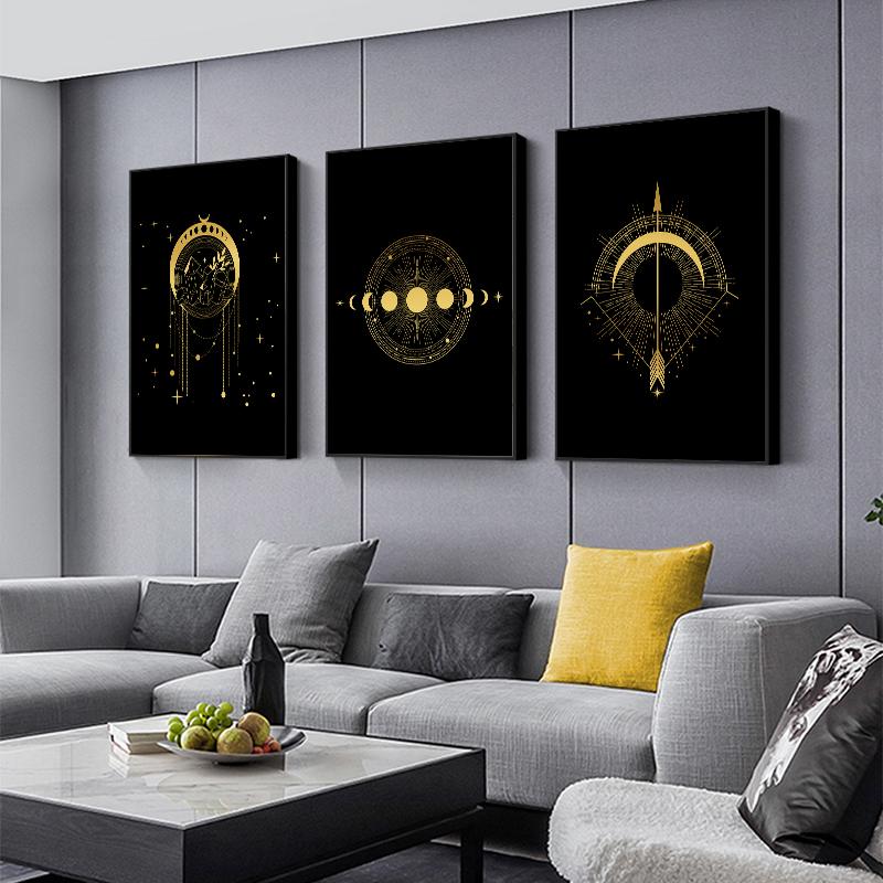 Nordic Boho Black Gold Sun Moon Star Canvas Painting Poster Print Modern Home Decor Abstract Wall Art for Living Room Decoration