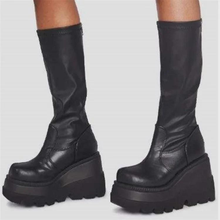 Women's Gothic 43 Size Thick-Soled Motorcycle Knight Boots - Big Head, Slim High, Knee-Length