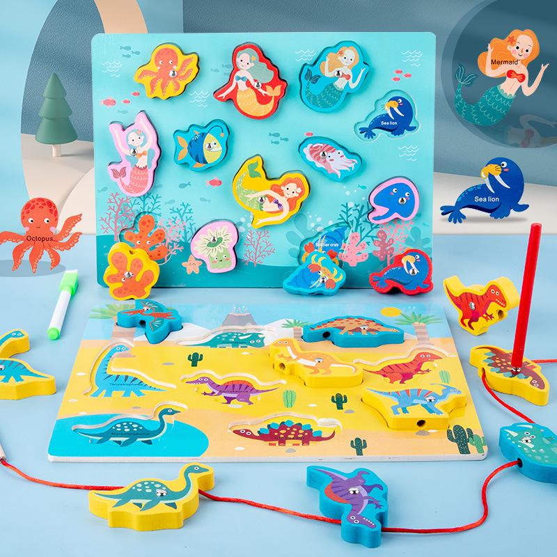 Children's Double-Sided Wooden Activity Board: Matching, Stringing, Drawing, Beading, and Fishing Educational Toy