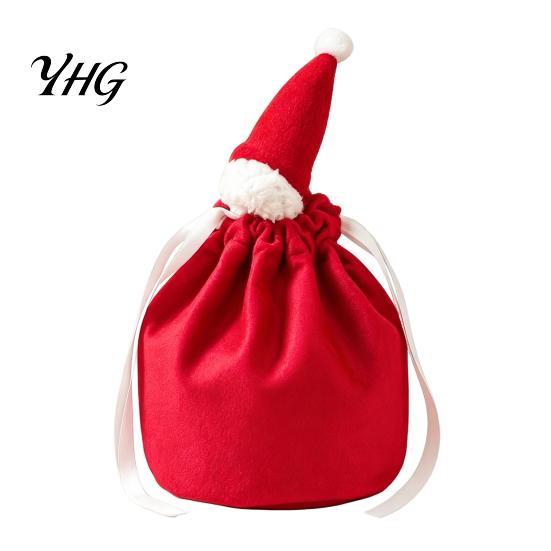 Holiday Candy Packaging Bags Christmas Drawstring Gift with Santa Hat, Reusable Velvet Xmas Goodie Sacks, Festive Claus Pouches Apple Treat Pouch for