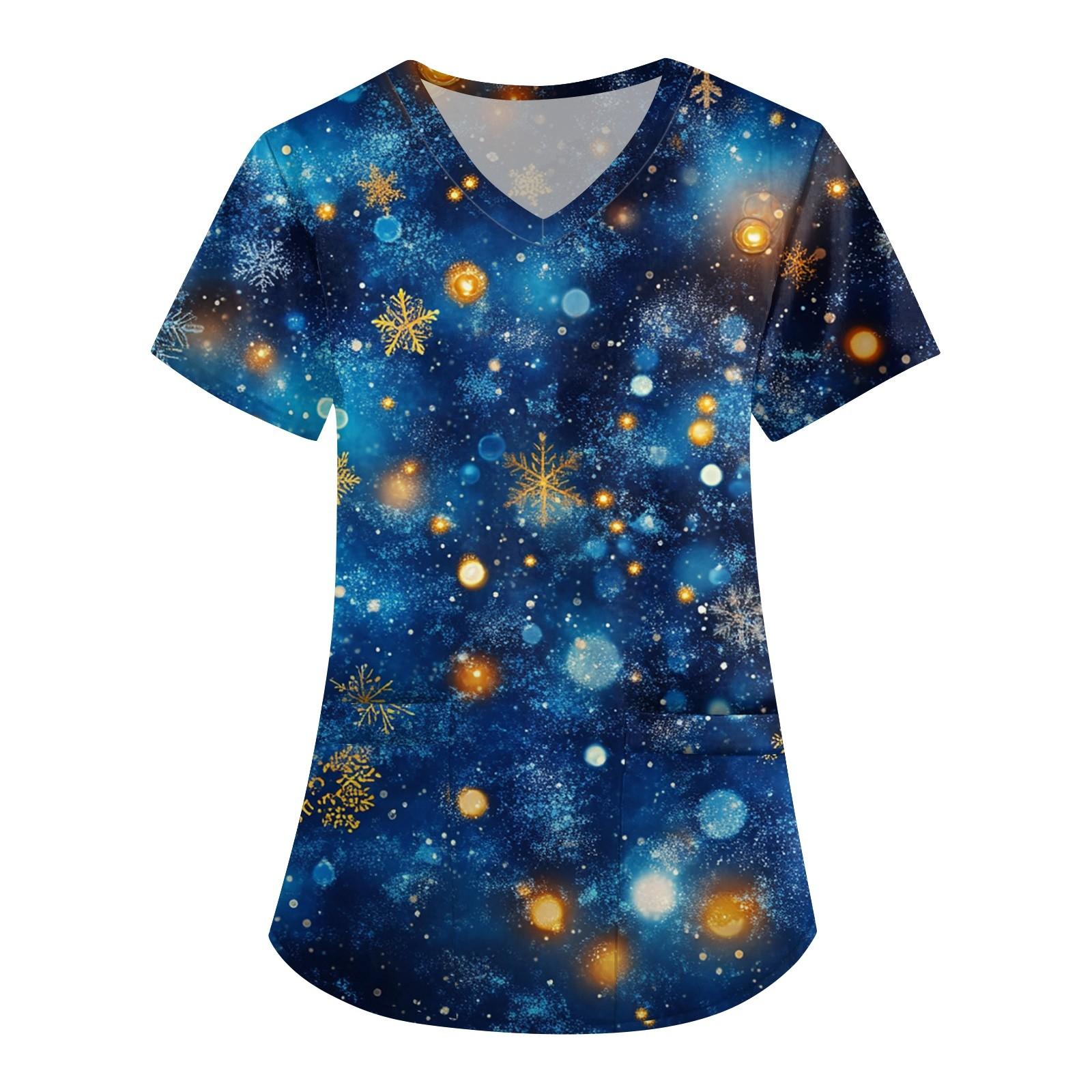 

Женская симпатичная рабочая одежда с принтом, V-образным вырезом, двухслойными карманами, базовым коротким рукавом, пуловером на Рождество M