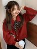 Women's Red Cable Knit Tie-Up Lapel Cardigan - Retro Long Sleeve Sweater Coat for Autumn/Winter