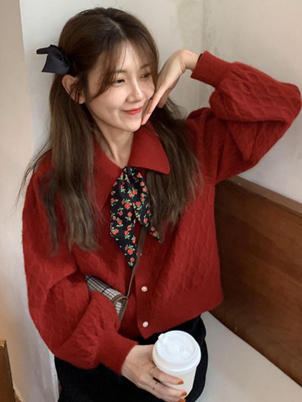 Women's Red Cable Knit Tie-Up Lapel Cardigan - Retro Long Sleeve Sweater Coat for Autumn/Winter