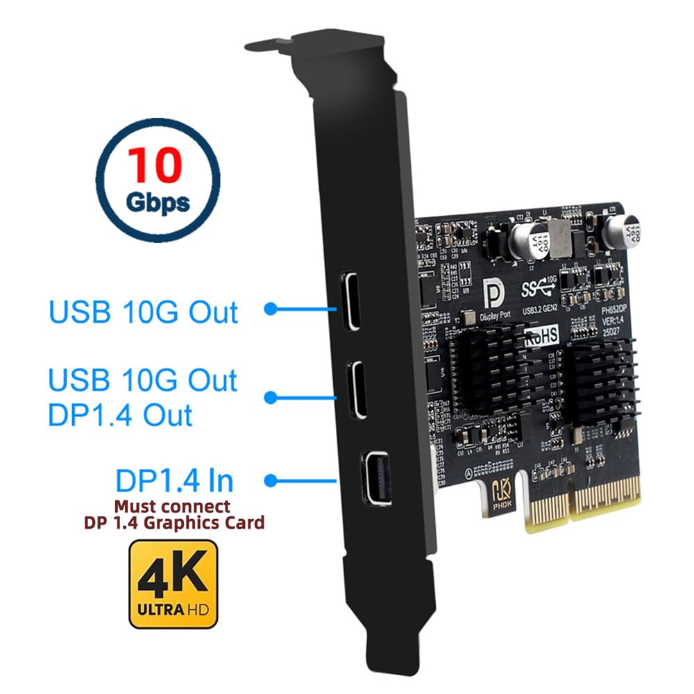 Xiwai PCI Express X4 & Mini DisplayPort 1.4 Input To Dual Type-C USB 3.1 & 4K 60Hz Output Desktop Graphics Expansion Card Adapter ASM3142