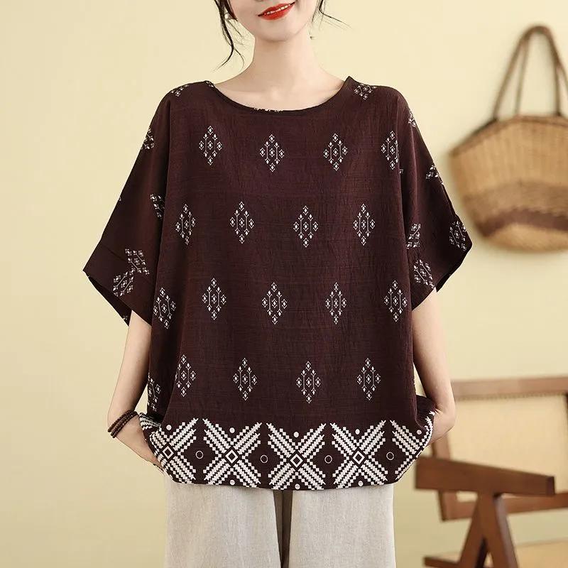 Sommer Schwarz Ethnisch Bedruckte Bluse für Damen Fledermausärmel Lässiges Oberteil