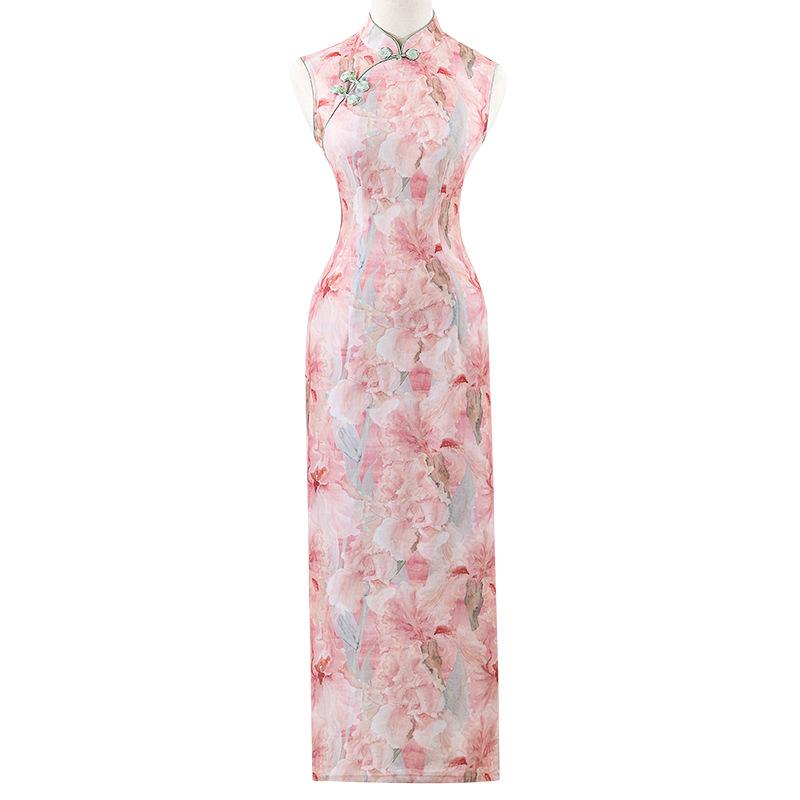 Pink Smudged Improved Cheongsam 1011 New Sleeveless Young Girl Slim-fitting Long Floral Daily Dress