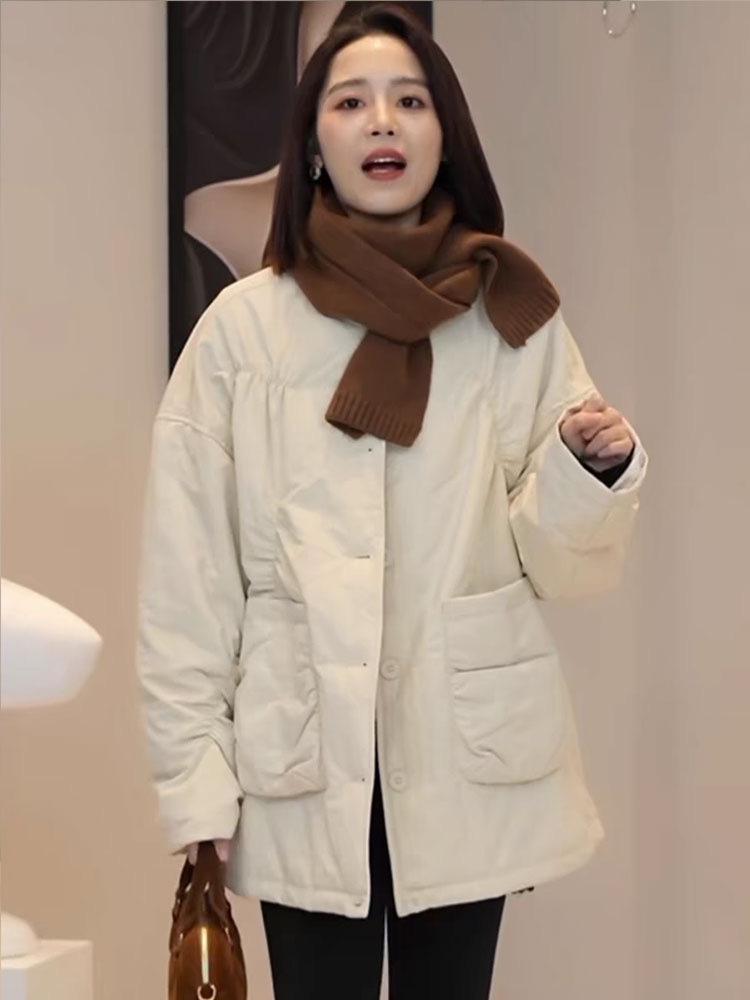 

Женская куртка с хлопковой подкладкой 2024: Повседневное пальто миди с круглым вырезом, приталенного свободного кроя, зимнее L грязно-белый