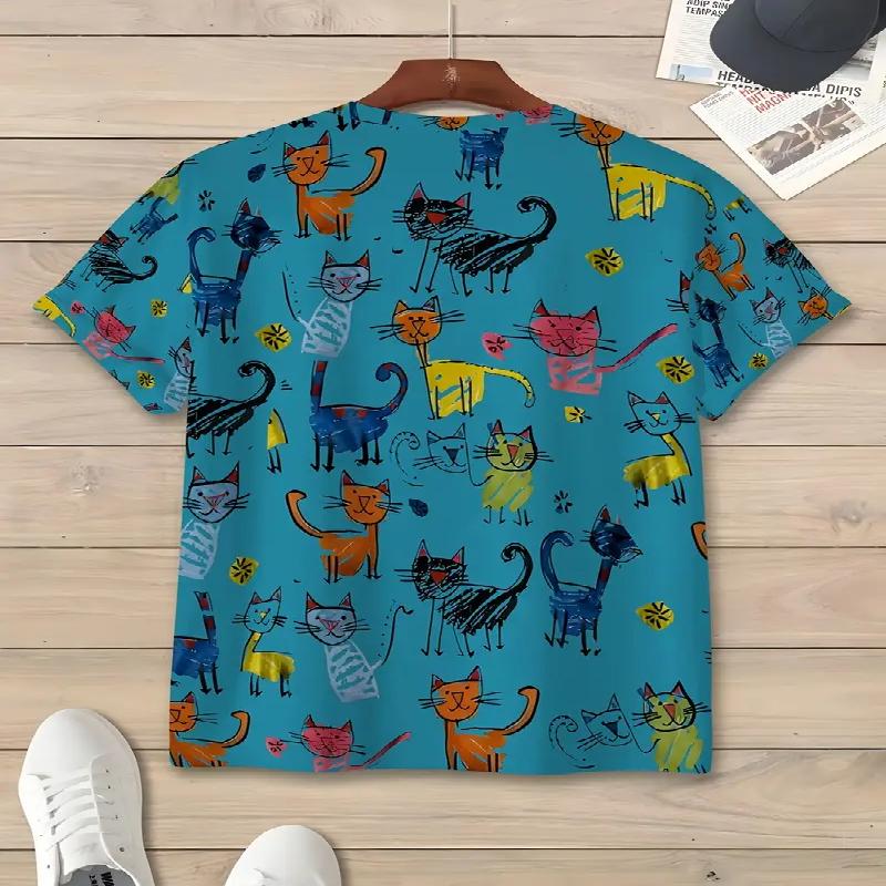 Men's Colorful Cat Pattern T-shirt Casual Polyester Fiber Round Neck Short Sleeved Suitable for Comfortable Outdoor and Daily Life In Summer