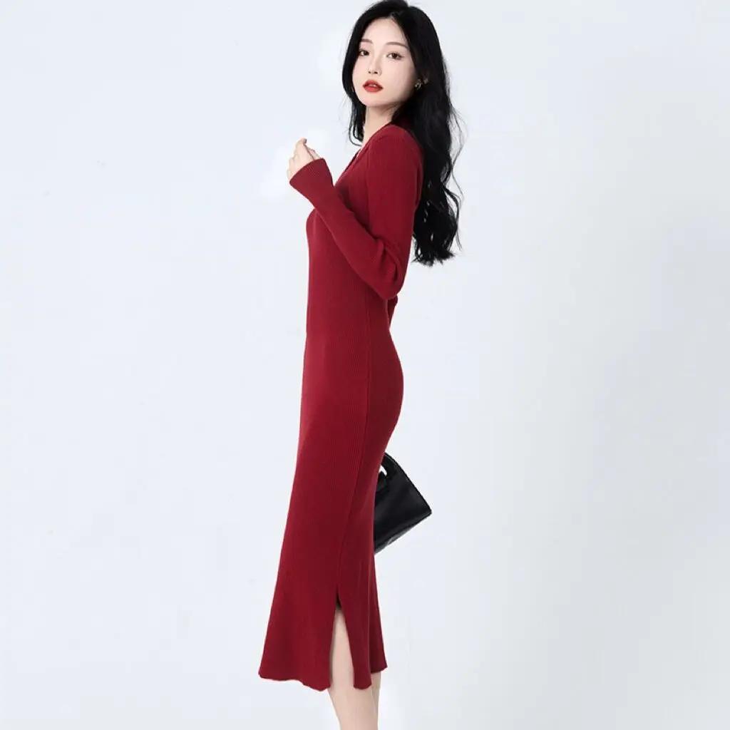 Elegant Women's Knit Dress Temperament Retro Neck Knit Dress Fall Winter Fashion Women's Inside Take Long Sleeved Sweater Skirt Dresses for Women 2025