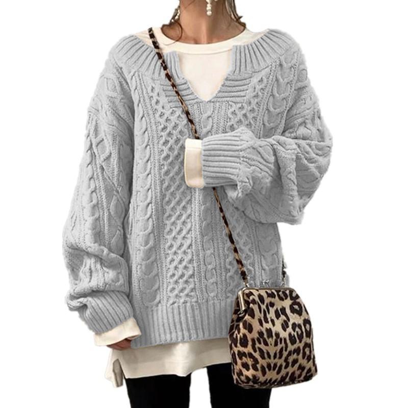 Brown Cable Knit V-Neck Loose Fit Long Sleeve Sweater