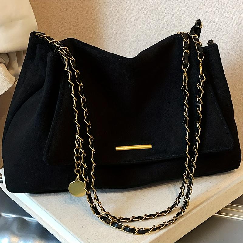 Ladies  Deer Skin Velvet Versatile Retro Commuter Chain Texture Trendy Single Shoulder Crossbody Bag чёрный