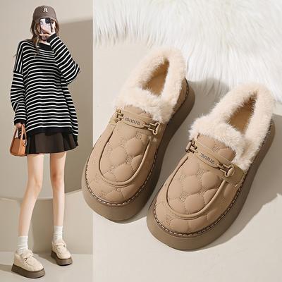 Fleece Warm Bean Cotton Shoes Women's New Winter Mid-top Wears Big Cotton Snowshoes and Plus-size Flat Cotton Shoes