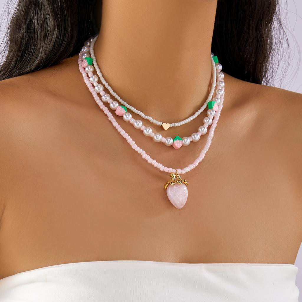 Bohemian Strawberry Pearl Cherry Beaded Necklace Women Y2K Vintage Choker Chain Party Wedding Jewelry Gift