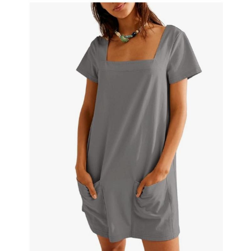 Women's Square-neck Short-sleeved Fashionable Short Skirt Pocket Casual Dress