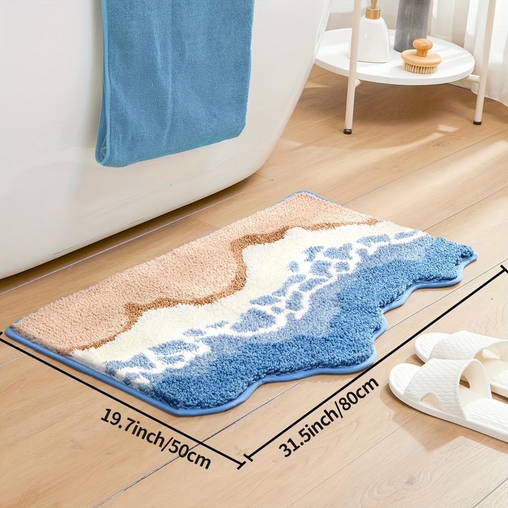 1pc Dajang Plush Bath Mat - Non-Slip, Absorbent, Machine Washable Polyester Bath Mat with Ocean Wave Design, Blue & White,Perfect for Bathroom,Toilet