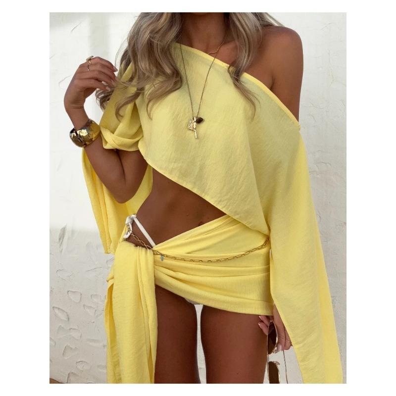 

Летний повседневный однотонный комплект из 2 предметов, женский сексуальный короткий топ с длинными рукавами + мини-юбка на шнуровке, модные пляжные уличные костюмы с диагональным вырезом M жёлтый