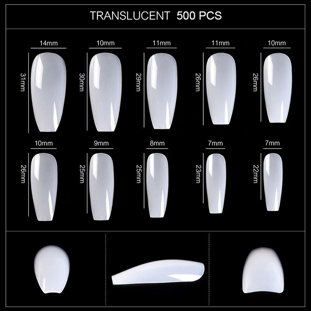 kads 500pcs T Shaped No-Crease Full Cover False Nail Tips Fake Nails White Nature Clear Translucent 10 Sizes Nail Art Manicure Tools
