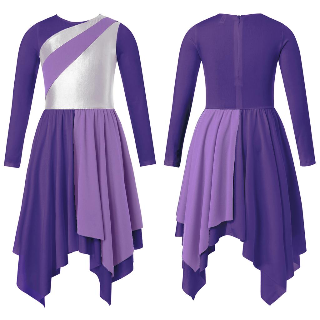Crianças meninas manga longa brilhante metálico louvor túnica assimétrica vestido lírico traje de dança contemporânea