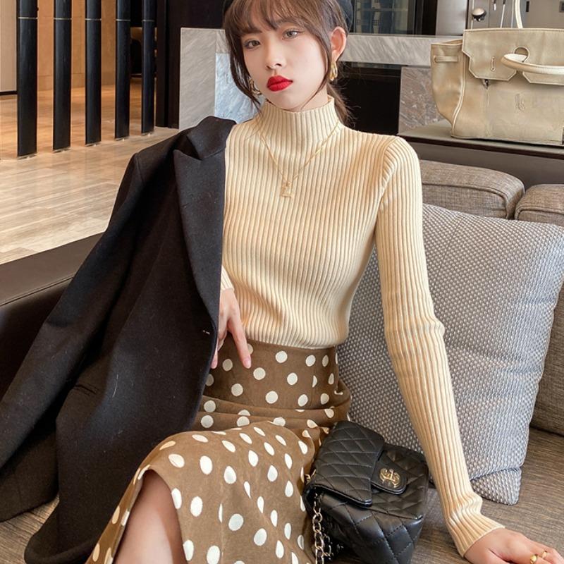 Autumn and Winter Half High Neck Knitted Sweater Women Fashion Solid Slim Long Sleeve Pullover Sweaters Women Tops Lady Elegant Knitwears Jumper 24842