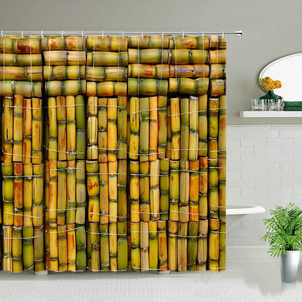 Yellow Green Bamboo Lotus Shower Curtain Bathroom Curtains Plant Flower Natural Scenery Fabric Background Wall Decor Screen Hook