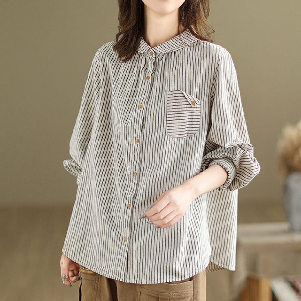 Spring and Autumn Cotton and Linen Long-sleeved Striped Pure Cotton Shirt Artistic Top