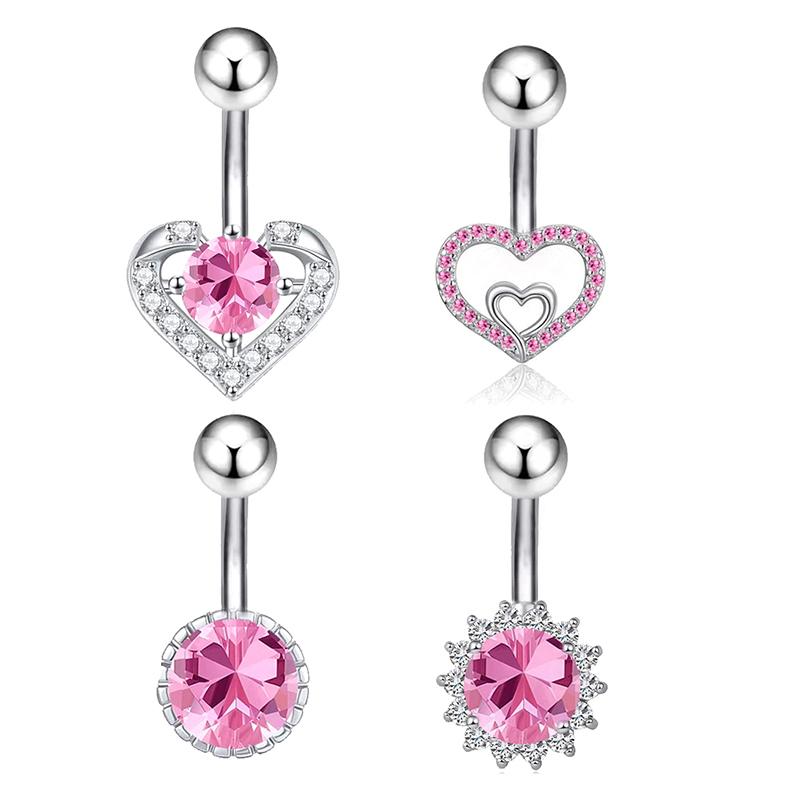 Fashion Sexy Pink Zircon Heart Belly Button Rings For Women Girls Stainless Steel Heart Navel Piercing Barbell Cute Belly Rings
