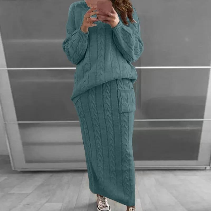 Autumn/Winter Women's Fashionable Cable Knit Floral Sweater Suit Dress Amazon European American Style Knitwear