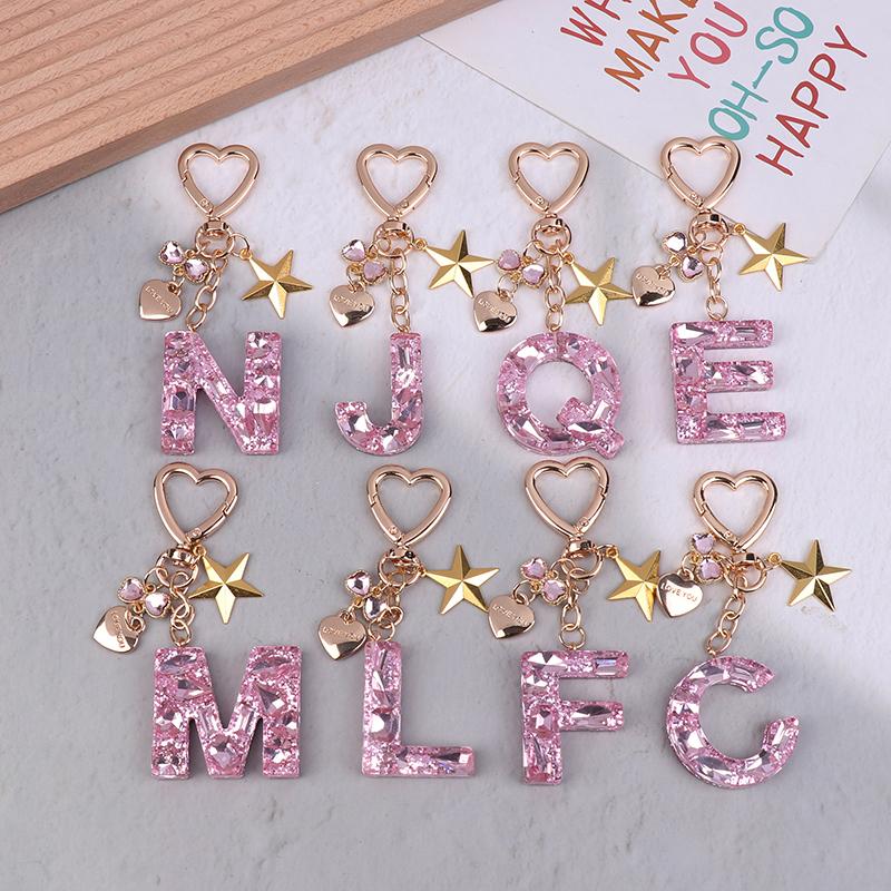 Cute  Bling Keychain A To Z Initial Letter Love Heart Star Pink For Women Girls Bag Cup Pendant Key Chain Accessories