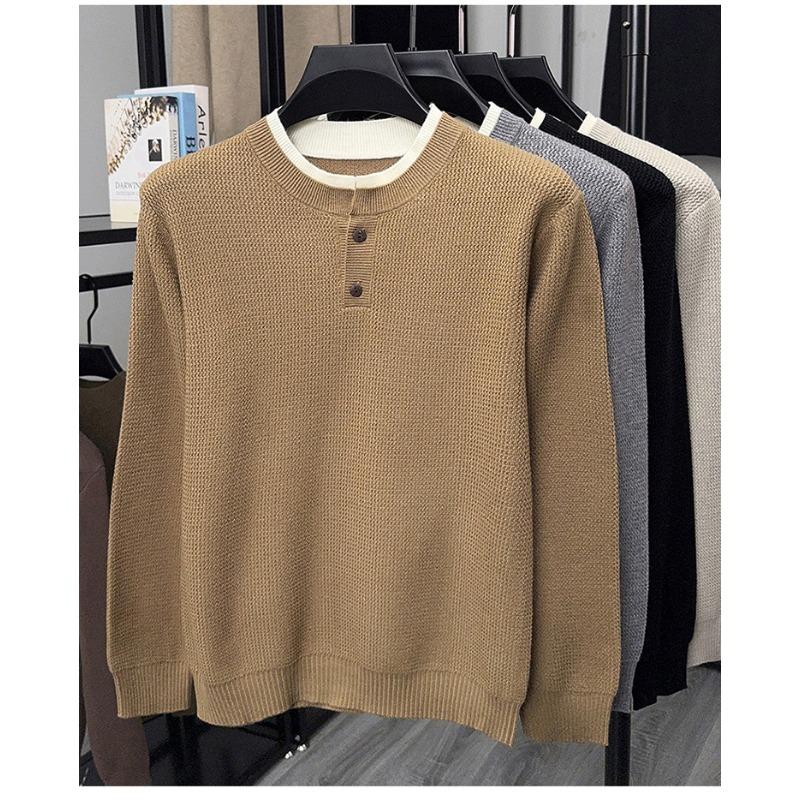 Men Fake Two Pieces Round Neck Long Sleeve Knitted Casual Pullover Sweater Top
