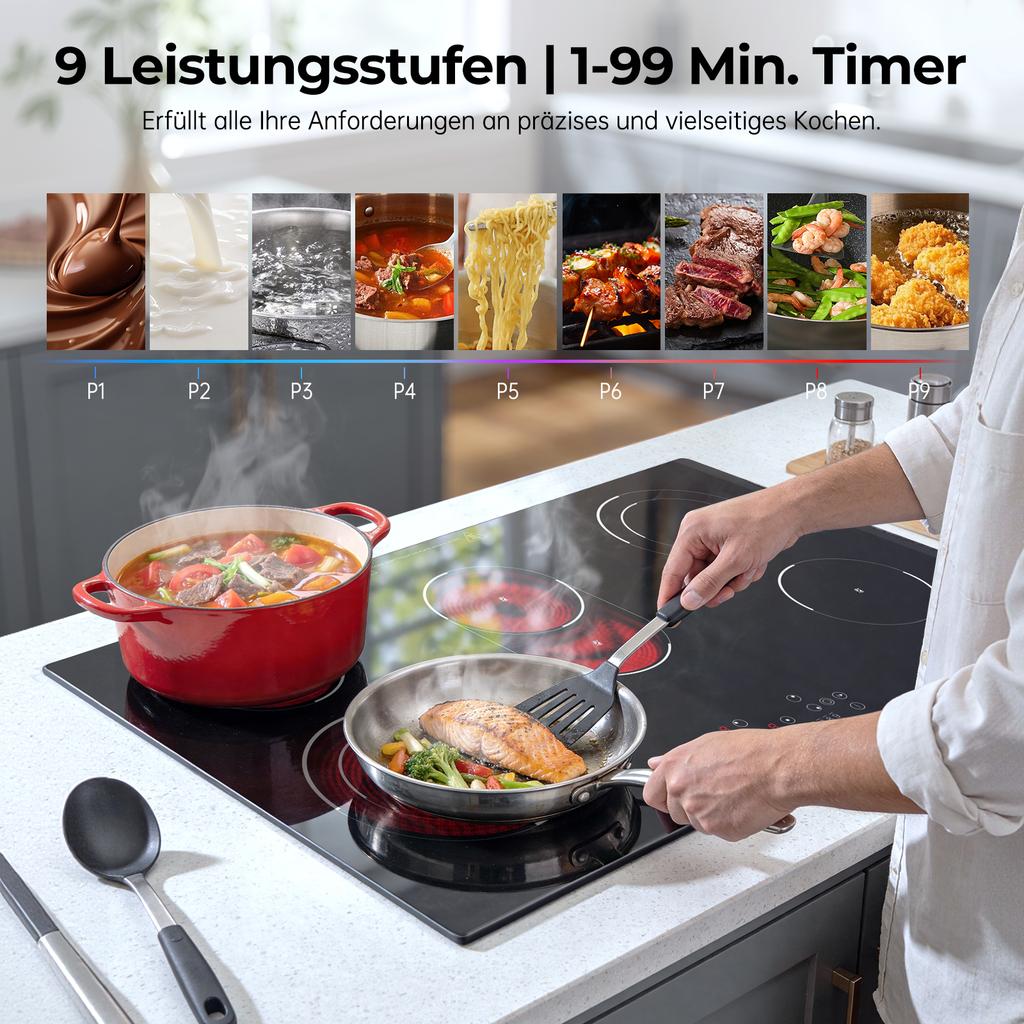 Glass Ceramic Hob, 5 Plates, 8400 W, Hob 90 Cm, with Oval Zone for Roasting Dish and Two Double Ring Zones, Touch Control