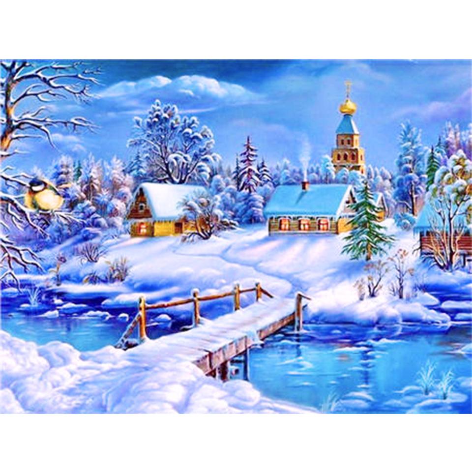 5D DIY Diamond Painting Landscape Winter House Full Round Rhinestone Embroidery Cross Stitch Kit Mosaic Picture Decoration Gift