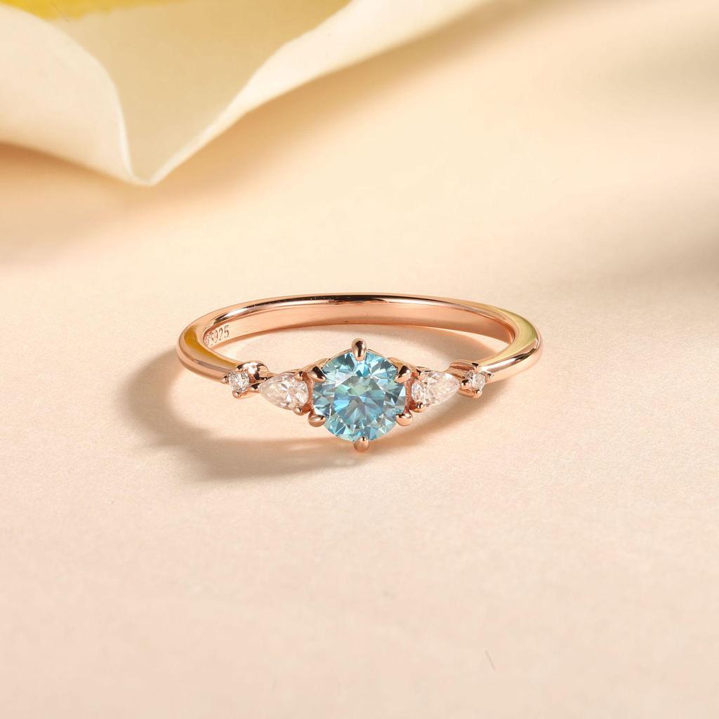 Blue Moissanite and Small Diamond Pave Ring In 925 Silver - Women's Light Luxury Gemstone Index Ring