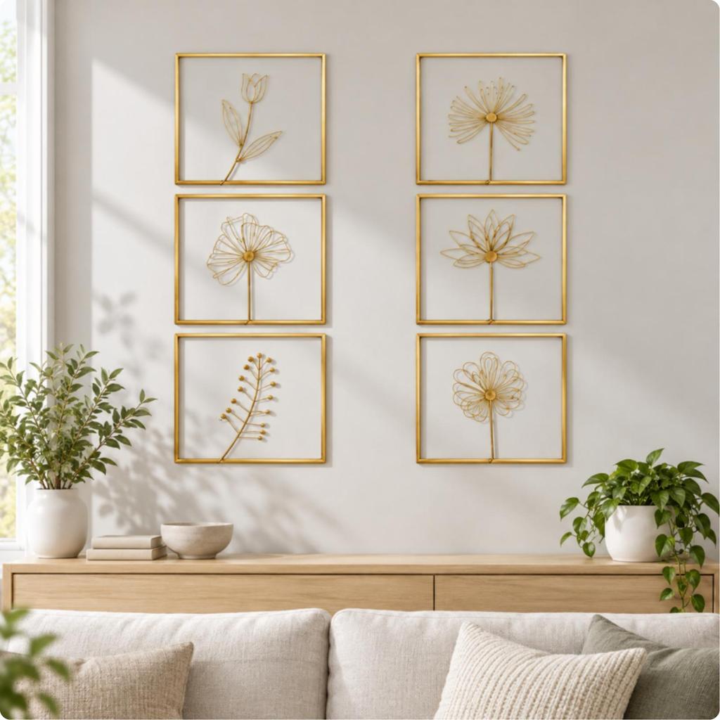 6 Pieces Square Wall Decoration with Open Frame Handmade-Style Floral Metal