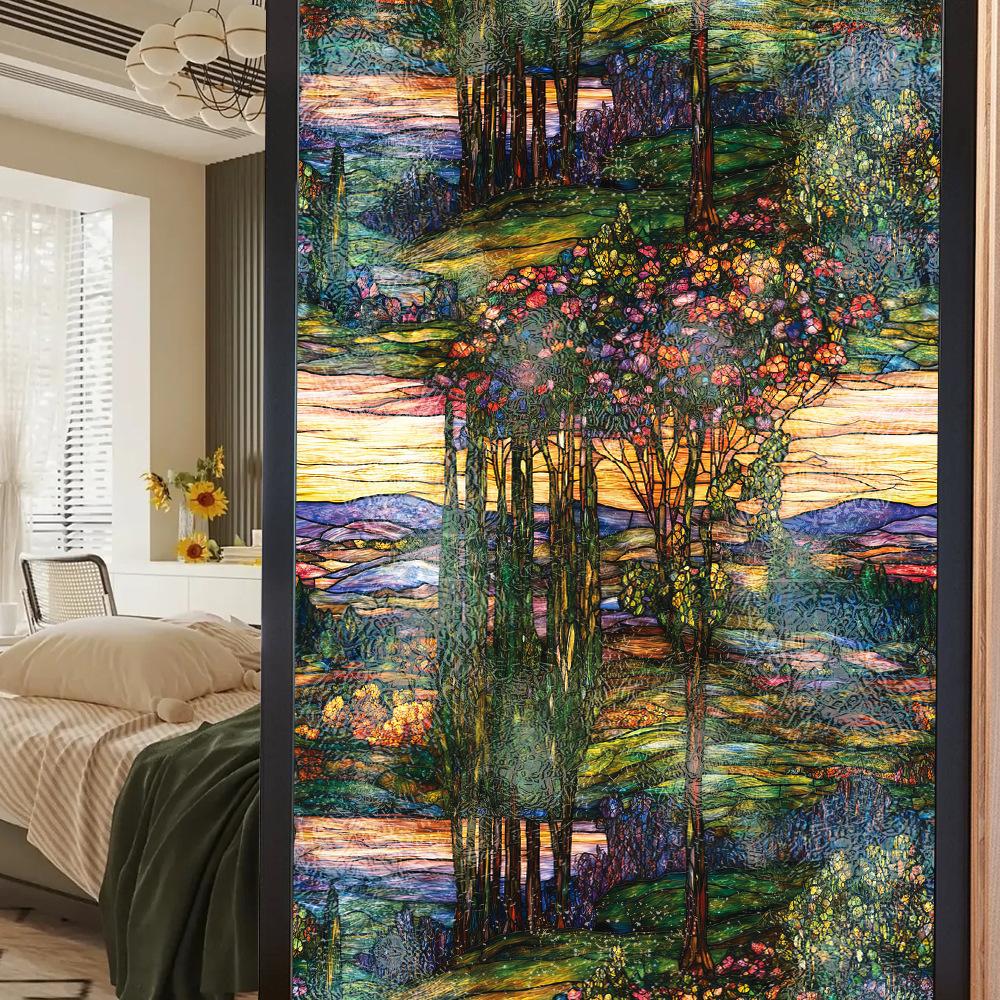 Double-sided Colored Window Privacy Film, Stained Glass Decorative Static Cling, Removable Laser Sun Blocking Vinyl Covering