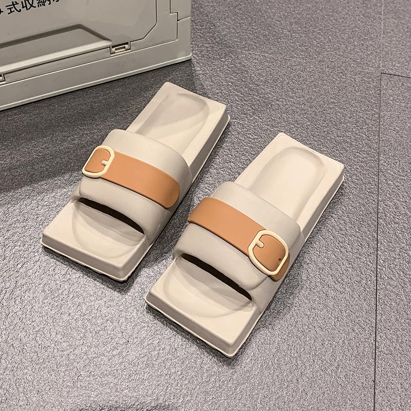 Fashion Summer New Flat Slippers Women Fashion Square Head Shallow Mouth Open Toe Matching Color Anti-slip Wear-resistant Sandals