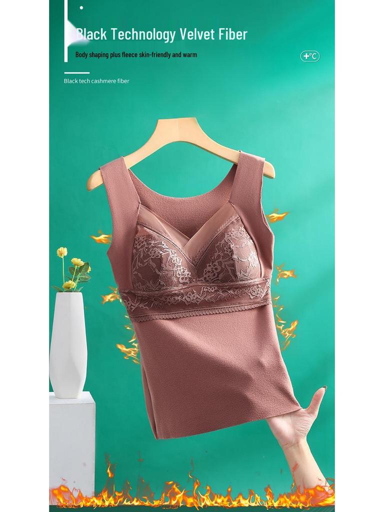 German Velvet Warm Vest with Lace Base Layer and Chest Pad - Plus Size Seamless Self-Heating Bra for Autumn and Winter