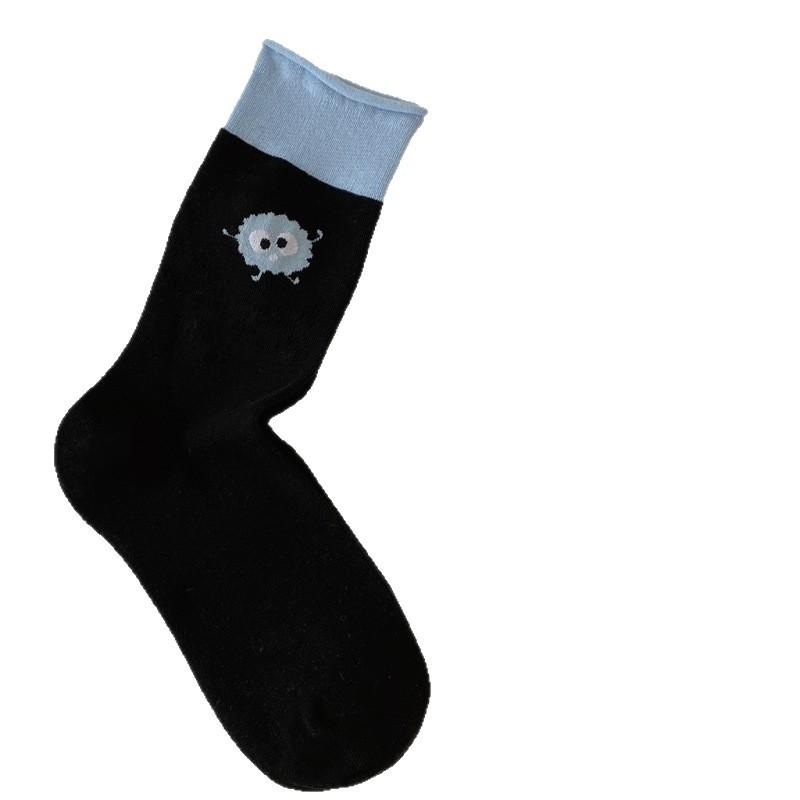 Blau-weiße Socken für Mädchen, Herbst Cartoon Kleine Schwarze Kohlekugel Mid-Calf Socken, College-Stil Farbblockierende Aufgerollte Socken