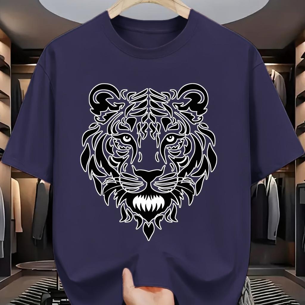 Tribal Tiger Head Graphic Tee Men Summer Casual Short Sleeve Print Crew Neck Cotton TShirt