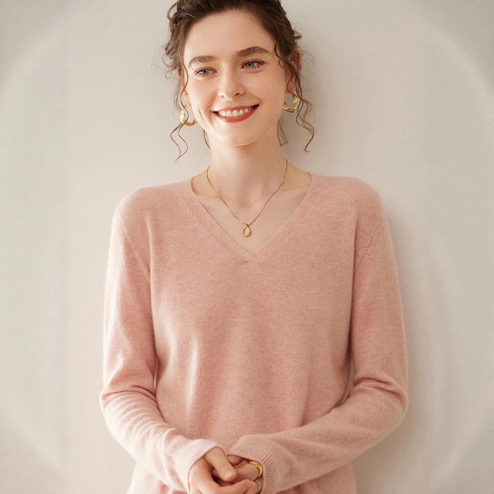 Women's Loose V-neck Cashmere Knit Sweater - Versatile Long Sleeve Pullover for Spring and Autumn