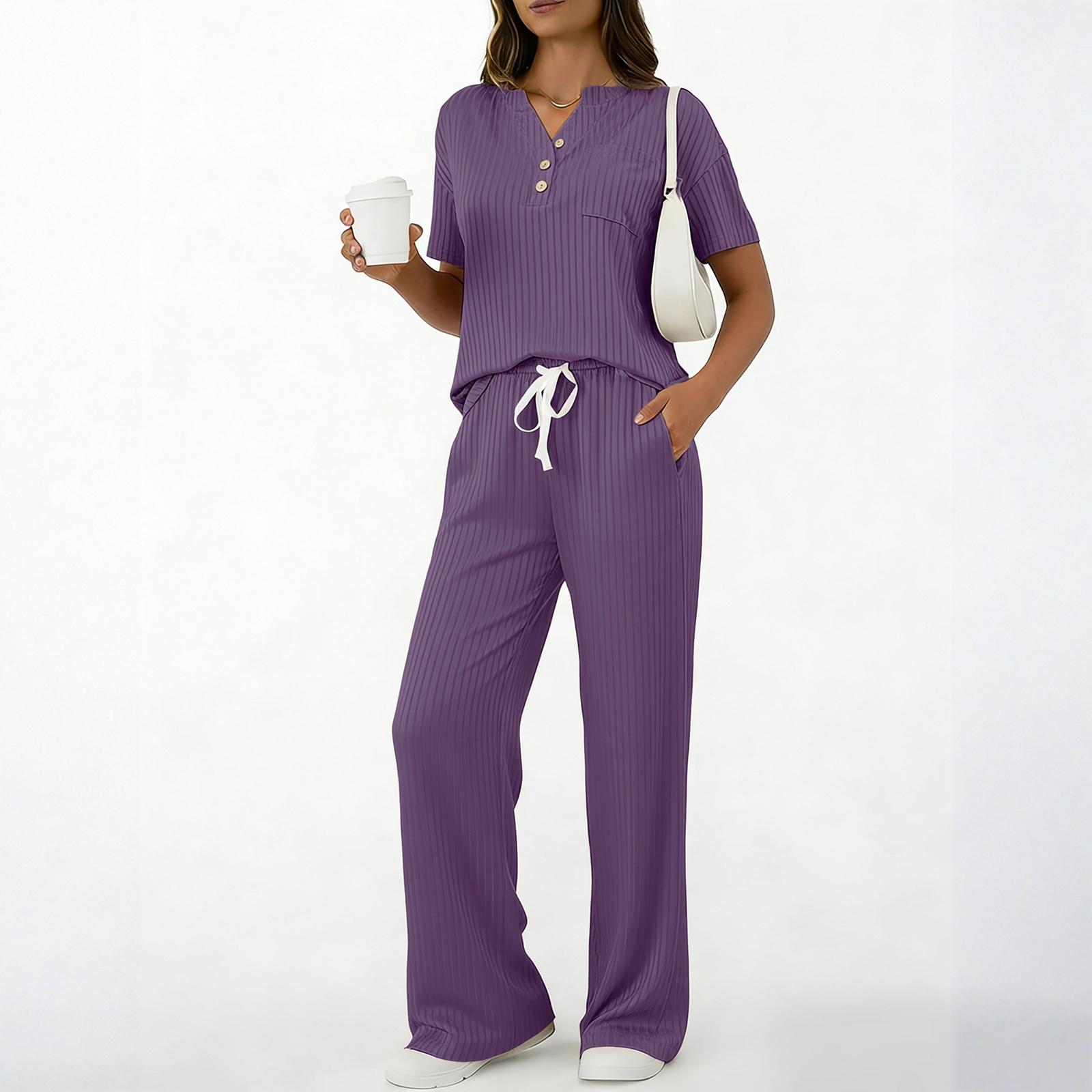 

Fashionable And Sexy Women s Spring And Summer Retro Elastic Waist Strap Linen Suit Women s Fashion Color Casual Two-piece Set XL фіолетовий