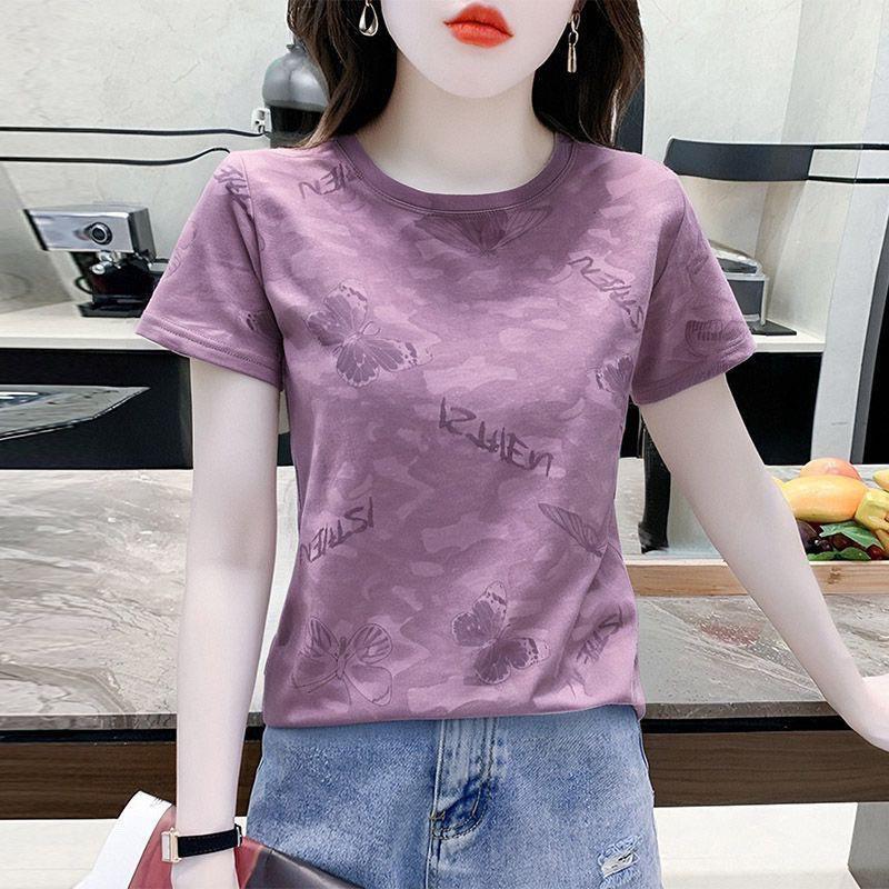 Summer loose front shoulder short-sleeved t-shirt women, new t-shirt foreign style fashion versatile women on clothes ins tide