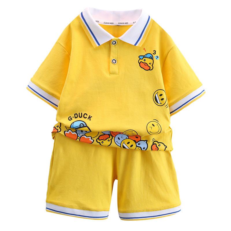 Adorable Yellow Duck Boys Short Sleeve Polo Shirt Set Summer Fashionable Kids Outfits For Ages 3 To 8 With Soft Cotton Fabric